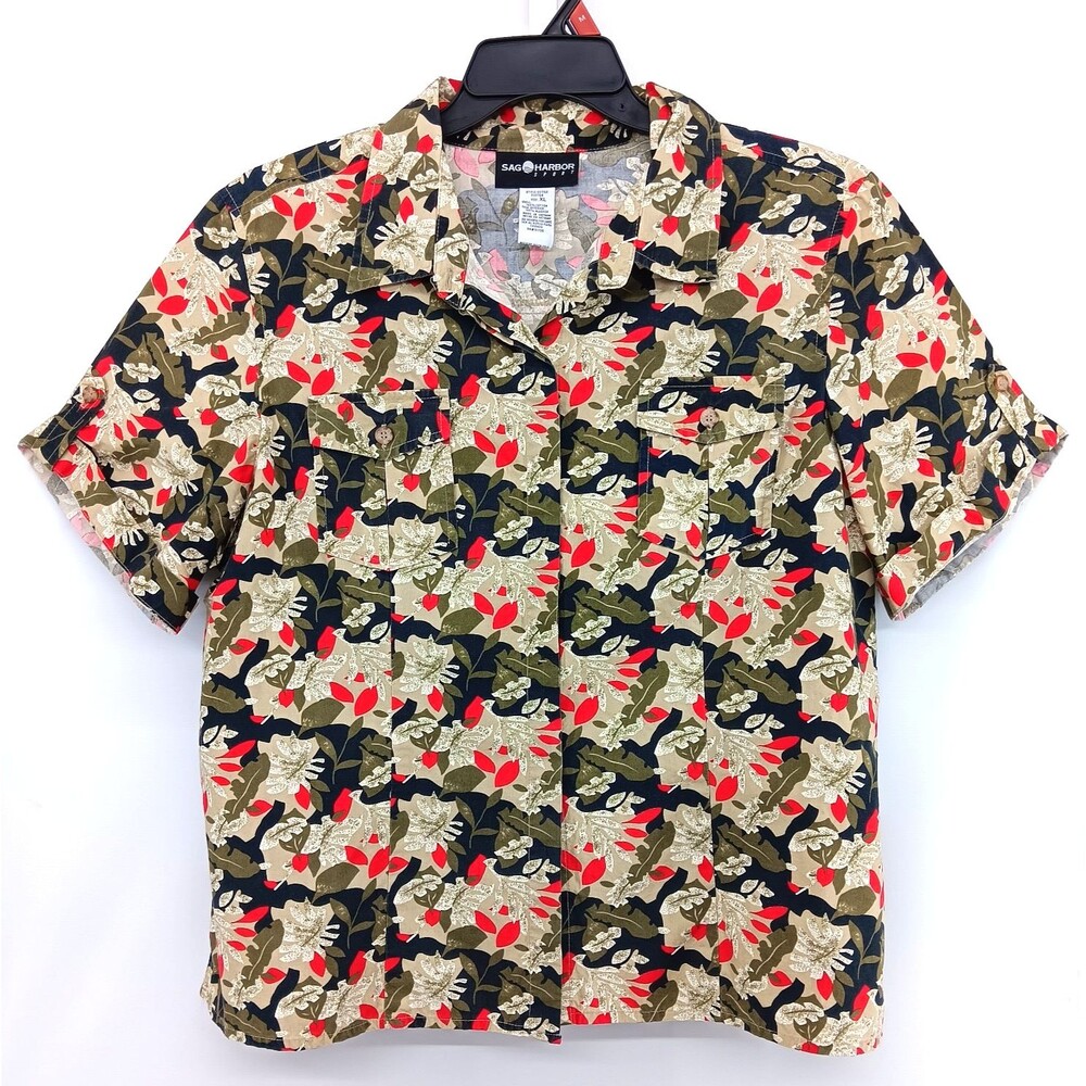 Sag Harbor Shirt Women Size XL Green Floral Short Roll Tab Sleeve Button Up Top
